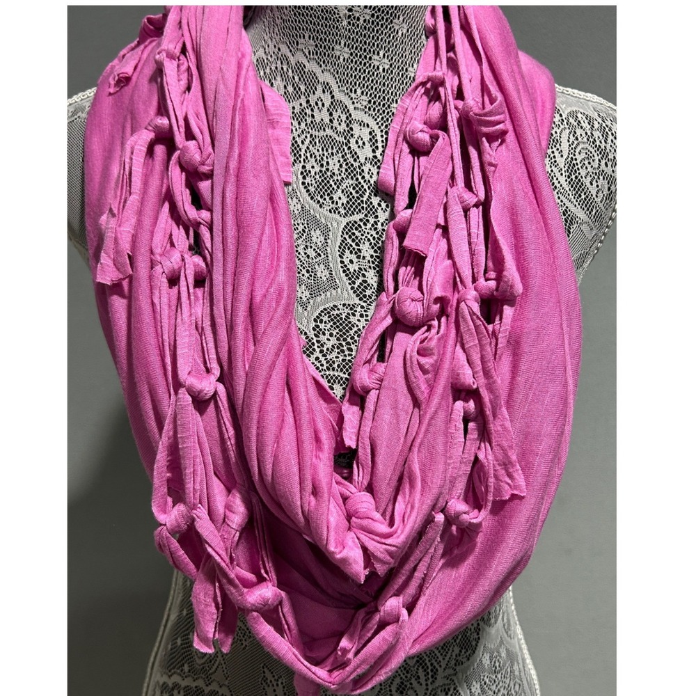 BCBGeneration Infinity Scarf Pink Knotted Fringe Boho Lightweight Barbiecore